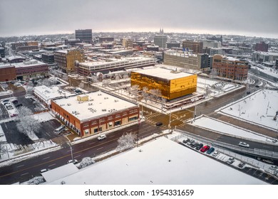 Aerial View Of Downtown Sioux Falls, South Dakota After A Winter Blizzard