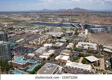 Aerial view of downtown Tempe, Arizona and town lake