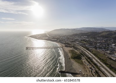 Aerial view of downtown Ventura and the Pacific Ocean in Southern California.