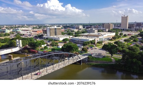 Aerial view downtown Waco from Washington Avenue Bridge cross Brazos River. A city in central Texas with vibrant Cultural District offers unique locally owned shops, restaurants, hotels
