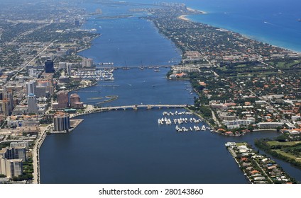 Aerial View Of Downtown West Palm Beach, Florida And Palm Beach