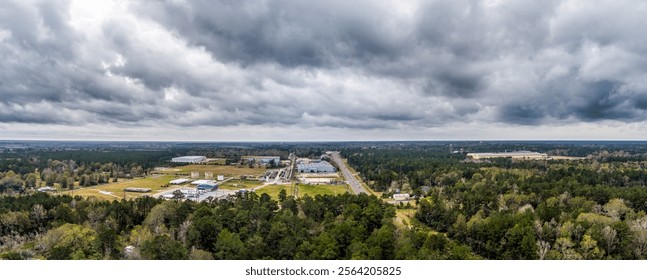 Aerial View of Dramatic Storm Clouds above a rural forest in Southeast Texas during early winter.