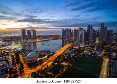 Aerial View Of Dramatic Sunrise At Singapore City Skyline