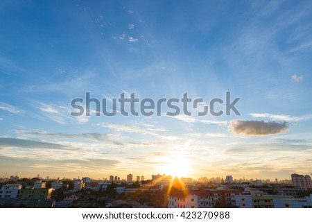 Aerial view of dramatic sunset or sunrise and blue sky in Bangkok Thailand of Asian.