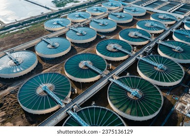 Aerial view of Drinking Water Treatment plants. Microbiology of drinking water production and distribution for big city from water management, water recycling.