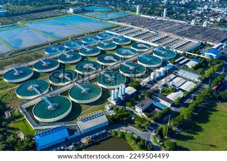 Aerial View of Drinking-Water Treatment. Microbiology of drinking water production and distribution, water treatment plant. Recirculation solid contact clarifier sedimentation tank.