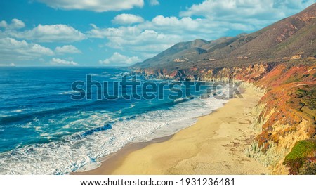 Aerial view from a drone, beautiful coastal landscape, on Pacific Highway 1, traveling south to Los Angeles, Big Sur, California. Concept, vacation, tourism