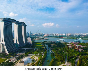 Aerial View With Drone Of Building Marina Bay Sands And Garden By The Bays In Singapore