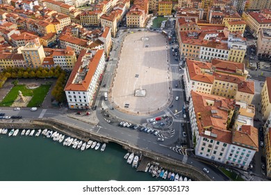 Aerial View From Drone To The Central Square And City Center In Livorno In Tuscany In Italy