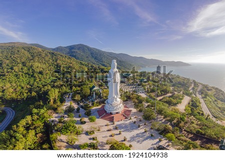 Aerial view, drone Chua Linh Ung Bai But Temple, Lady Buddha Temple in Da Nang, Vietnam