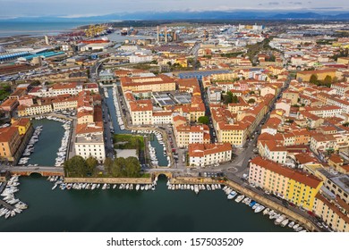 Aerial View From Drone To City Streets With Channels In Livorno In Tuscany In Italy