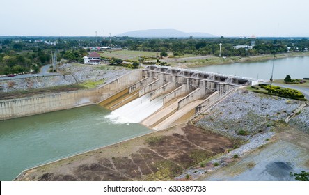 aerial view from drone:  Dam gate of Pa Sak Cholasit Dam Project is one of the major irrigation projects of Thailand,. The dam also decreases problems in Bangkok more flood control