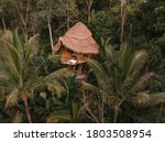 Aerial view from drone happy travel couple on hammock balcony of bamboo tree house with jungle nature view. Vacation in beaitiful hidden place, honeymoon on Bali island