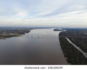 Aerial View From A Drone Of The International Bridge Puente Colón - General José Gervasio Artigas That Connects Argentina And Uruguay.