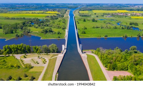 Aerial View From The Drone Of Magdeburg Water Bridge, Germany.