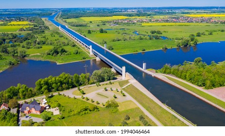 Aerial View From The Drone Of Magdeburg Water Bridge, Germany.