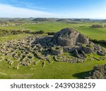 Aerial view with drone of the Nuragic archaeological complex of Su Nuraxi di Barumini. The Bronze Age fort, a UNESCO World Heritage Site. Barumini, Sardinia, Italy