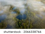 Aerial view from a drone over a swamp. Breath of the Swamp. Põhja-Kõrvemaa Nature Reserve in Estonia is known for its unique landscapes.