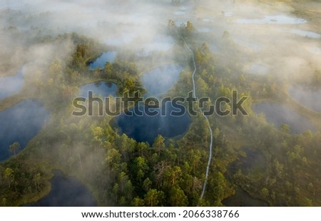 Aerial view from a drone over a swamp. Breath of the Swamp. Põhja-Kõrvemaa Nature Reserve in Estonia is known for its unique landscapes.