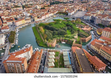 Aerial View From Drone To Ruins Of Old Fortress And City In Livorno In Tuscany In Italy