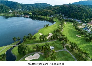 Aerial View Drone Shot Of Beautiful Golf Field. 