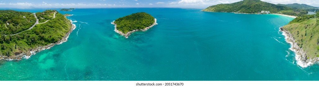 Aerial view drone shot of panorama laem promthep cape Beautiful scenery andaman sea in summer season at phuket thailand Beautiful travel background and website design nature background.