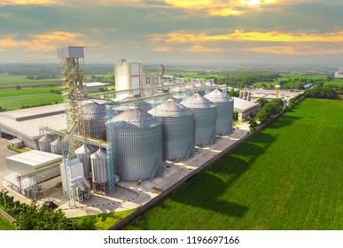 Aerial view of drone,Agricultural Silos - Building Exterior, Storage and drying of grains, wheat, corn, soy, sunflower against the golden sky with rice fields.