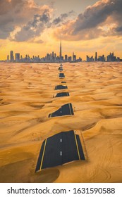 Aerial view of Dubai Downtown skyline with half desert sand road, United Arab Emirates or UAE. Financial district and business area in smart urban city. Skyscraper and high-rise buildings at sunset. - Shutterstock ID 1631590588