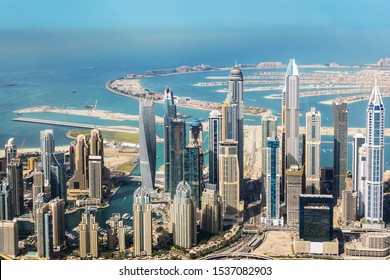 Aerial view of Dubai Marina skyline and Palm Jumeirah, United Arab Emirates