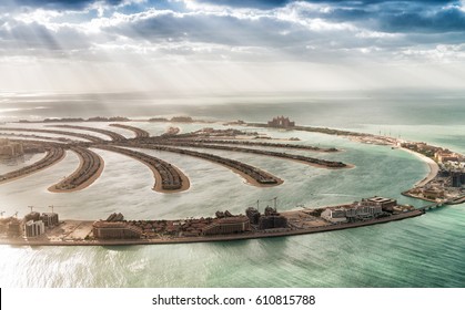 Aerial View Of Dubai Palm Jumeirah Island, UAE.