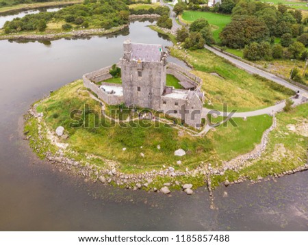 An aerial view of Dunguaire Castle, a 16th-century tower house situated on the south-eastern shore of Galway Bay, thought to be the most photographed castle in Ireland.