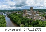 An aerial view of the Durham Cathedral, castle and river Wear in Durham, UK