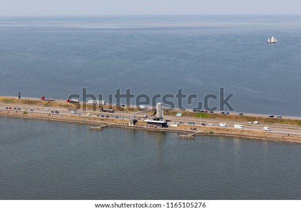 Aerial View Dutch Afsluitdijk Watchtower Monument Stock Photo