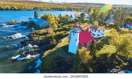 Aerial View of Eagle Harbor Lighthouse in Autumn, Lake Superior