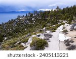 Aerial view of East Lake Tahoe of part of the Flume Trail by Incline Village, a popular recreational trail for mountain bikers and runners