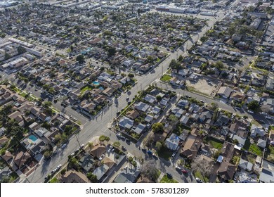 Aerial View Of East San Fernando Valley Neighborhood In Los Angeles, California.  