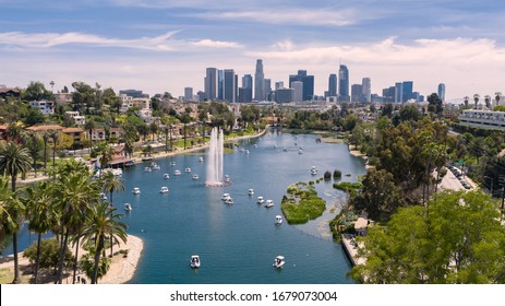 Aerial View Of Echo Park With Downtown Los Angeles Skyline