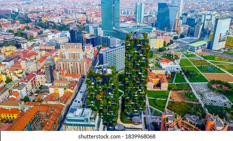 Aerial view of ecological skyscrapers with many trees on each balcony. Bosco Verticale. Modern architecture, vertical gardens, terraces with plants. Ecology. Green Planet. Milan. Italy, 01.10.2020: