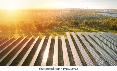 Aerial View Of Ecology Solar Power Station Panels Farm On Sunset Or Sunrise. Rows Of Modern Photovoltaic Solar Panels. Renewable Green Energy