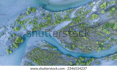 The aerial view with a ecosystem of the River lagoon Valley and blue water river