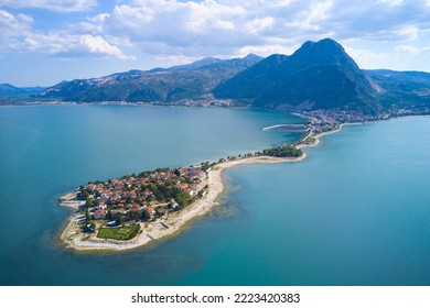 Aerial view of Egirdir town in Turkey. A small turkish town in the middle of the giant lake under the mountains. - Shutterstock ID 2223420383