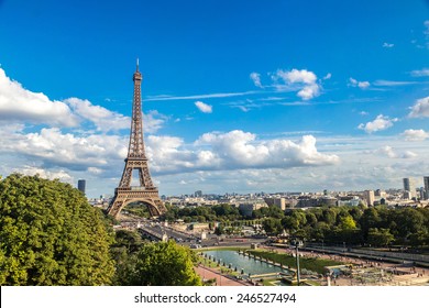 Aerial View Of The Eiffel Tower In Paris, France In A Beautiful Summer Day