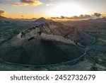 Aerial view of El Cuervo Volcano at sunset, Timanfaya National Park, Lanzarote, Las Palmas, Canary Islands, Spain, Atlantic, Europe