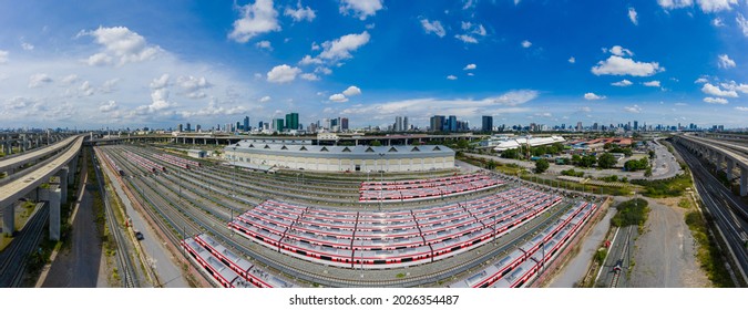 Aerial View Electric Train Stops At A Maintenance Facility. Red Line Train Bang Sue Grand Station In Bangkok, Thailand.