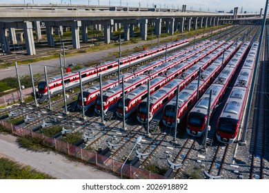 Aerial View Electric Train Stops At A Maintenance Facility. Red Line Train Bang Sue Grand Station In Bangkok, Thailand.