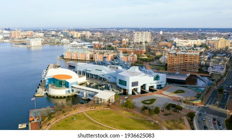Aerial view of the Elizabeth River harbor and Town Point Park in the Water District of Norfolk Virginia