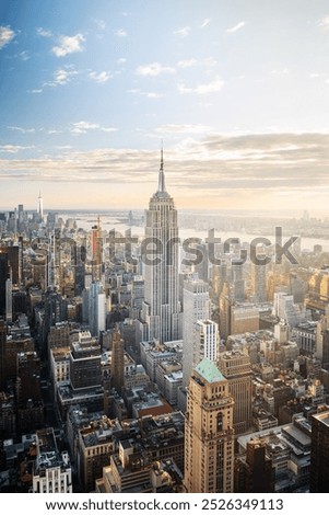 Aerial view of the Empire State Building and downtown Manhattan at dusk, New York City.
