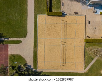 Aerial View Of Empty Beach Volley Ball Field.