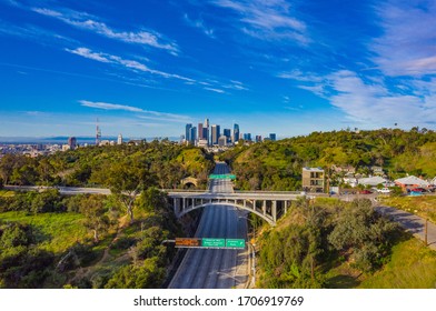 Aerial View Of Empty Freeway Streets With No People And Vehicles In Downtown Los Angeles California USA Due To Coronavirus Pandemic Or COVID-19 Virus Outbreak And Quarantine