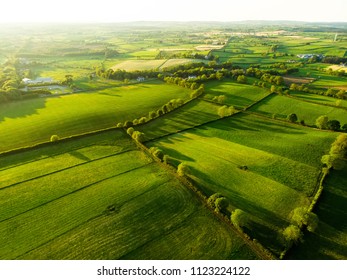 Luftbild von endlosen, üppigen Weiden und Bauernhöfen Irlands. Schöne irische Landschaft mit smaragdgrünen Feldern und Wiesen. Landschaft bei Sonnenuntergang.
